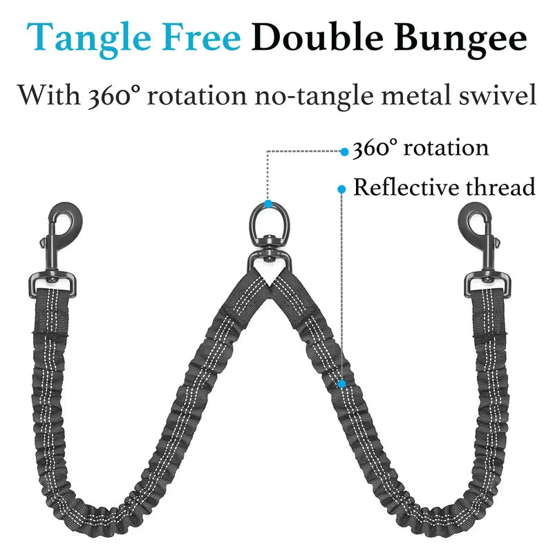 Dual Dog Leash with 360° Swivel – No Tangle Bungee Leash for Two Dogs