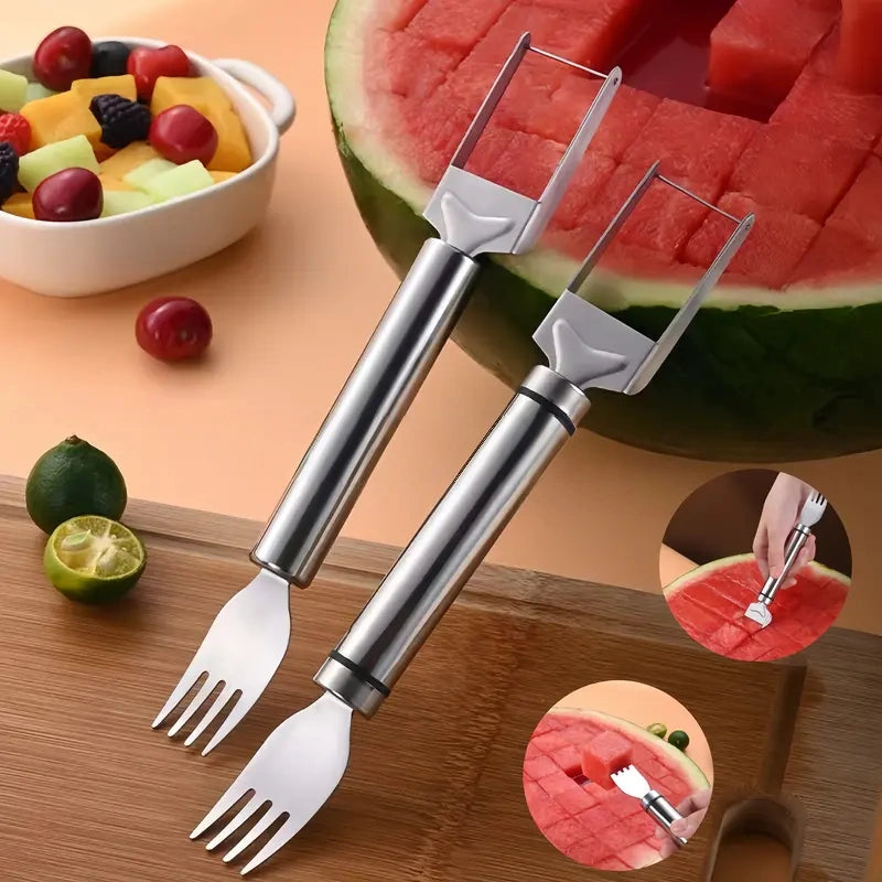 2-in-1 Watermelon Fork Slicer – Stainless Steel Fruit Cutter with Dual Head Design