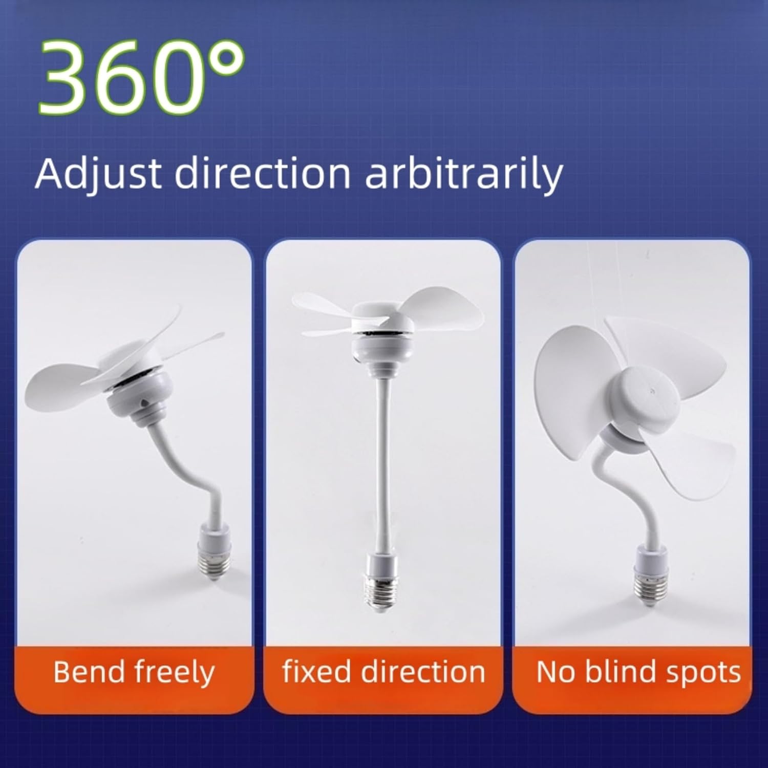 Flexible gooseneck electric fan with E27 light bulb base for convenient airflow
