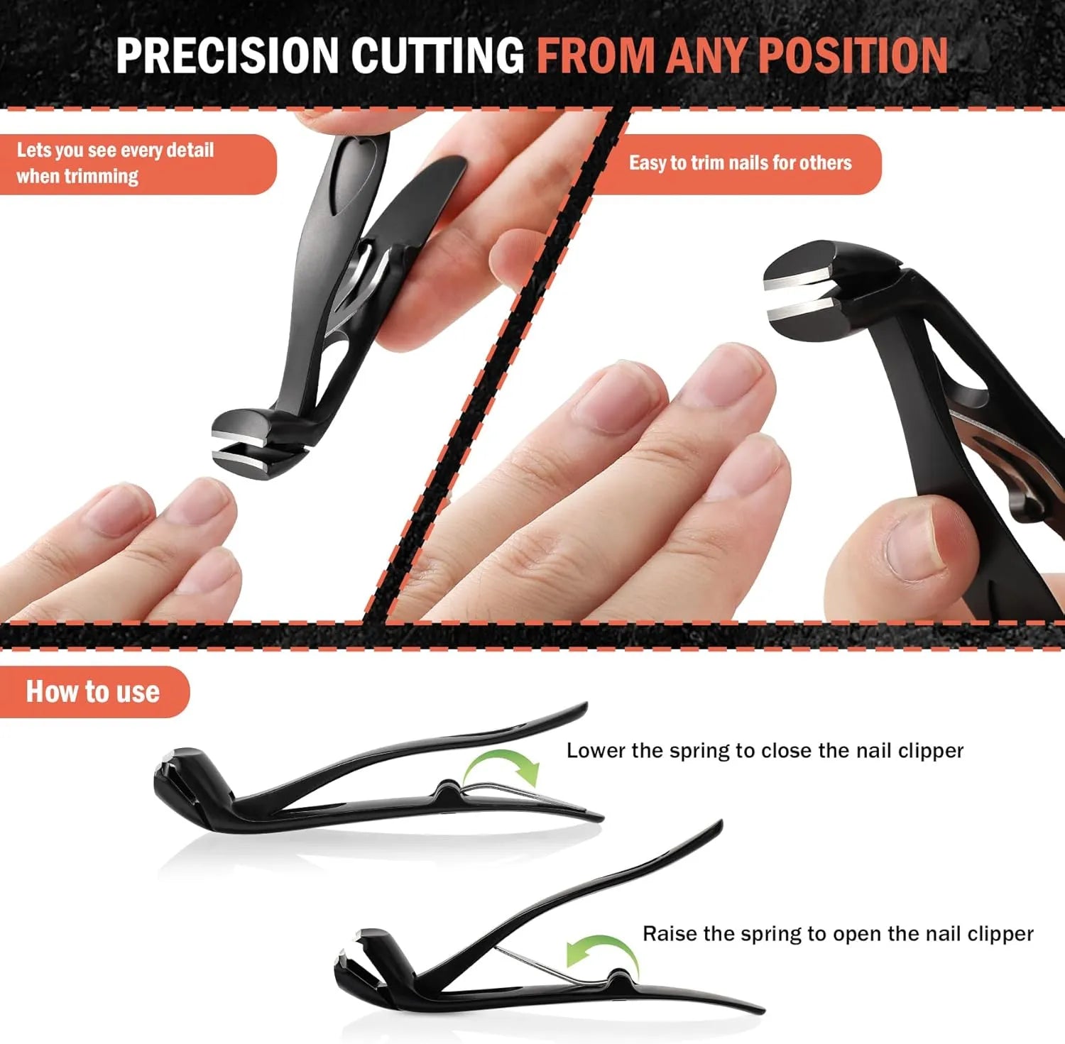 Ergonomic black toenail clipper for thick toenails with precise smooth cutting